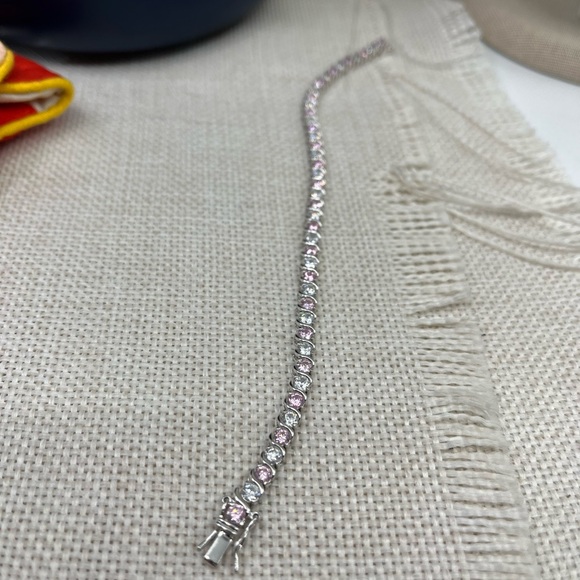 Vintage 925 Sterling Silver Tennis Bracelet – Pink & White CZ Alternating Stones - Picture 12 of 17